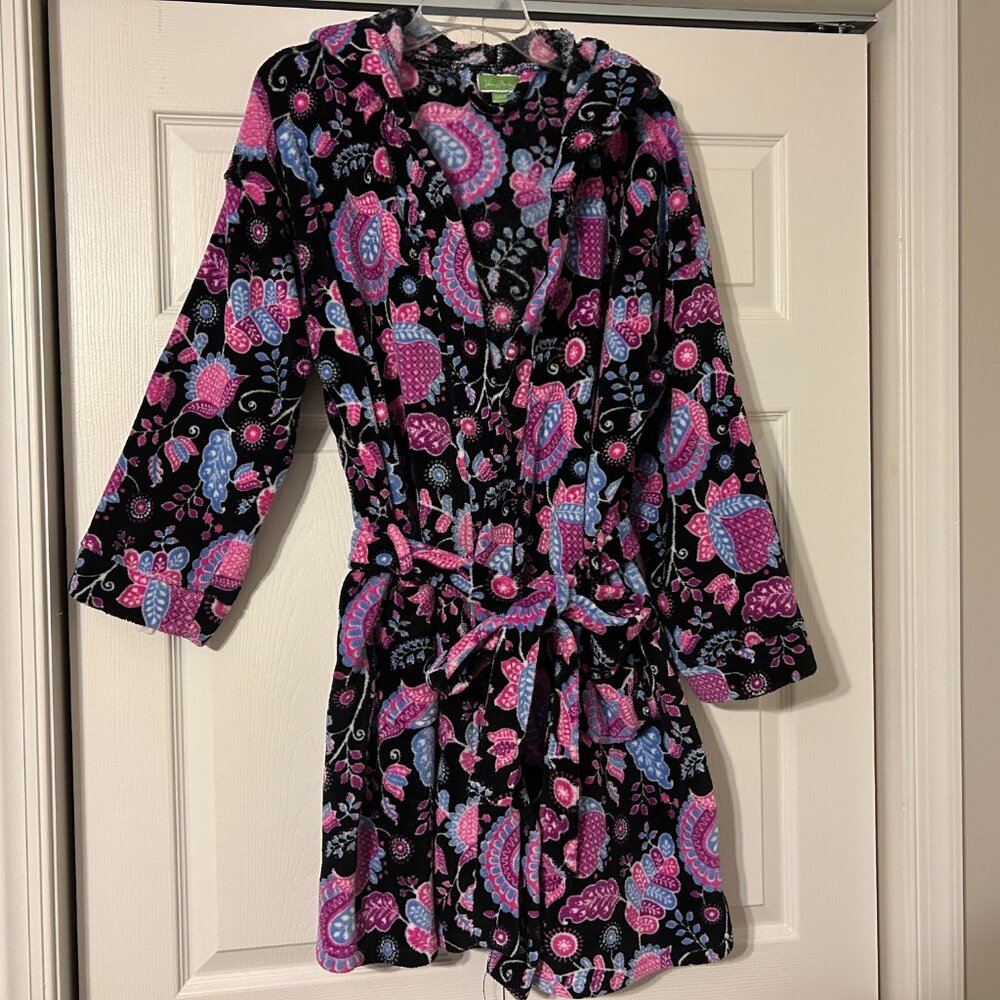 VERA BRADLEY Sz S/ M Multi-Color Paisley Plush Belted Hooded Robe w/ Pockets